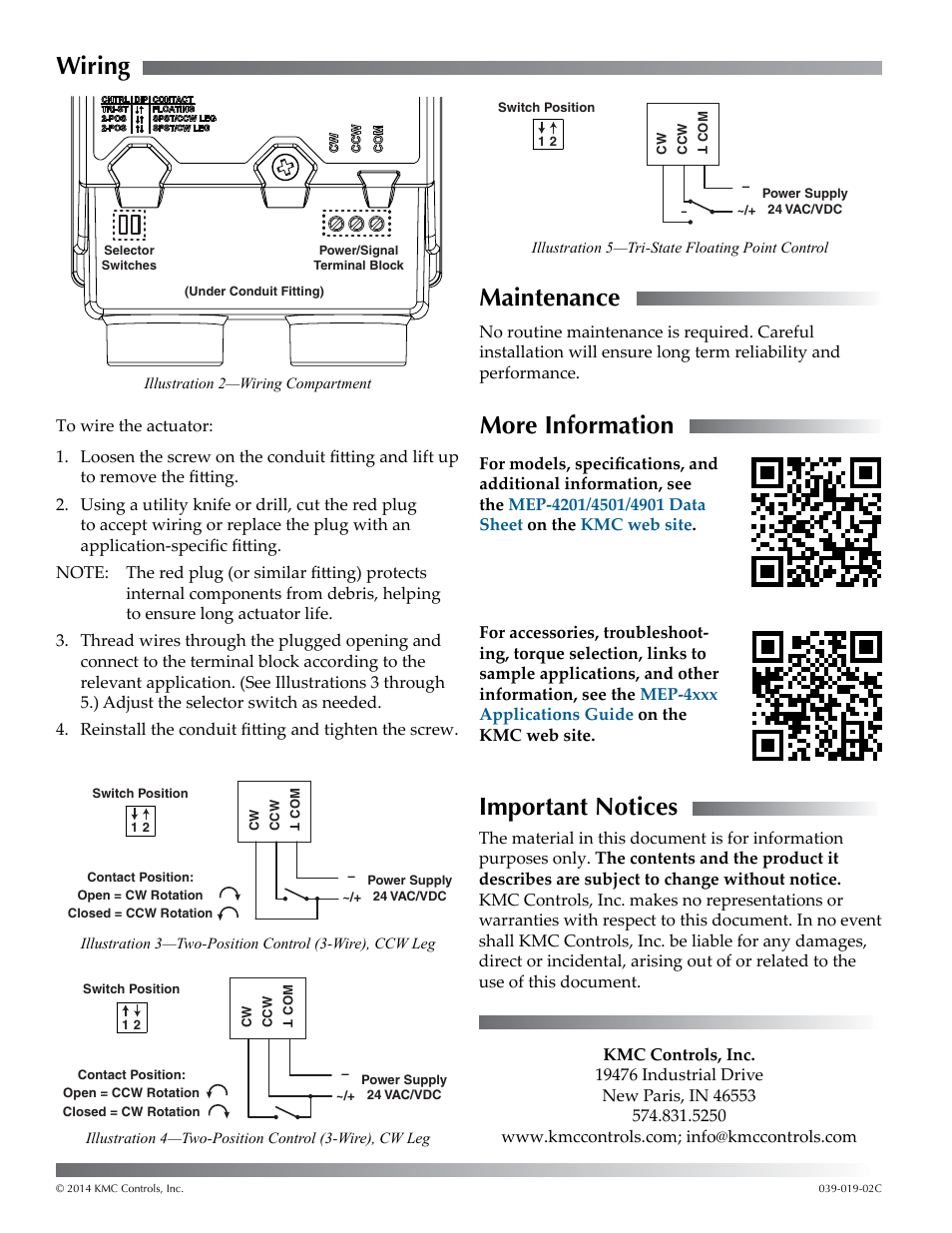 Wiring, Maintenance, More information | Important notices | KMC Controls MEP-4901 User Manual | Page 2 / 2