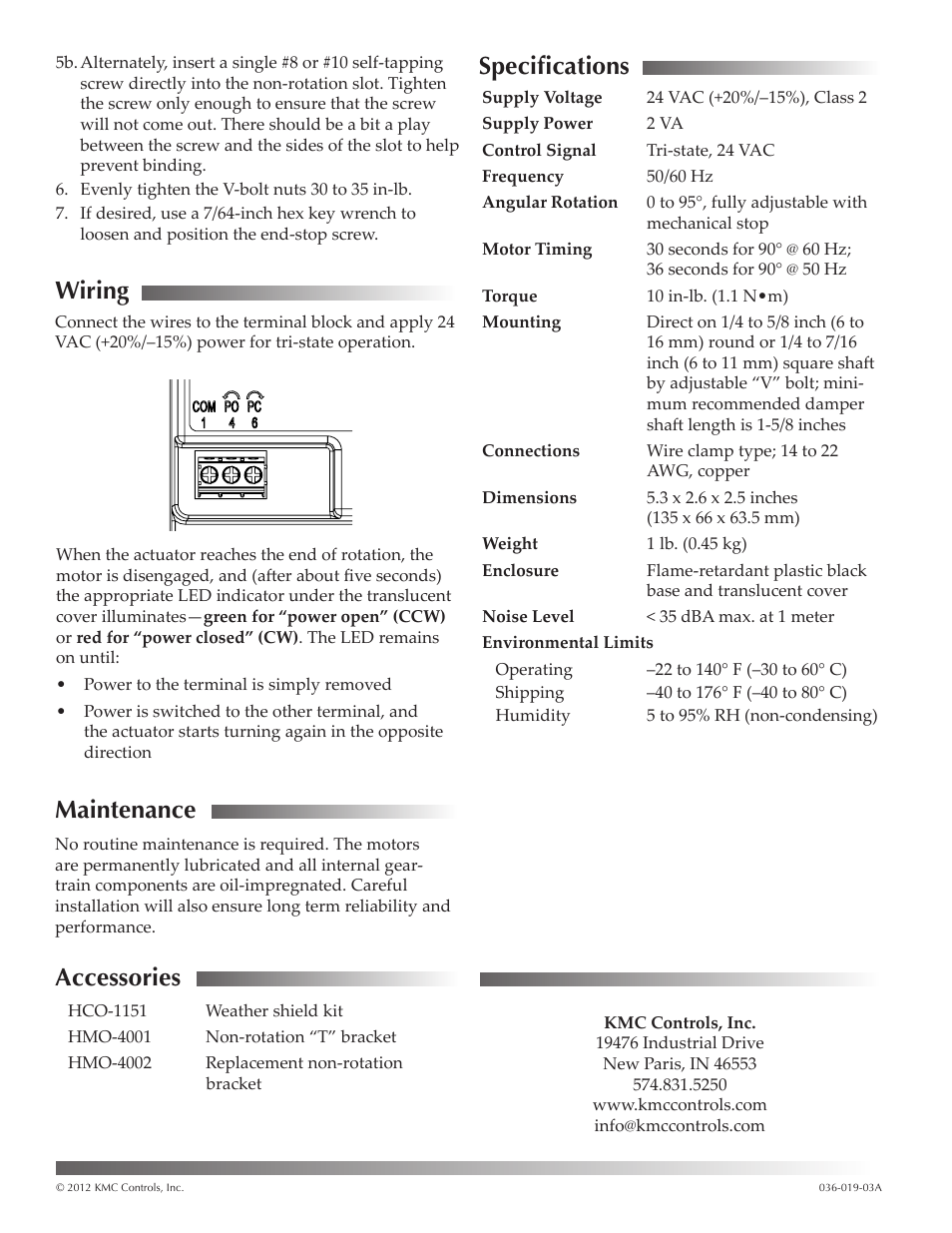 Wiring, Maintenance, Accessories | Specifications, Specifications 2 | KMC Controls MEP-4101 User Manual | Page 2 / 2