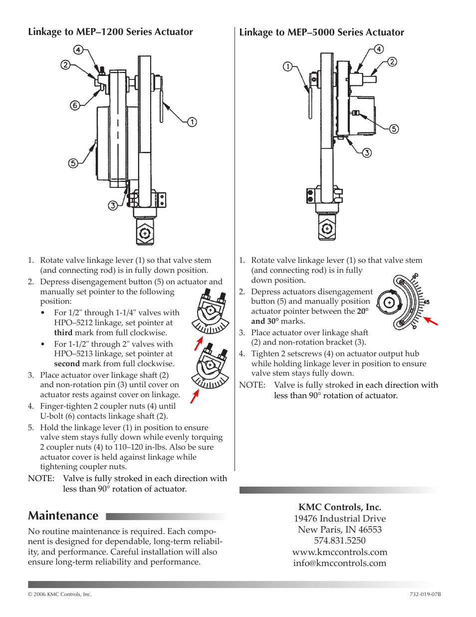 Linkage to mep–1200 series actuator, Linkage to mep–5000 series actuator, Maintenance | KMC Controls HPO–5213 User Manual | Page 2 / 2