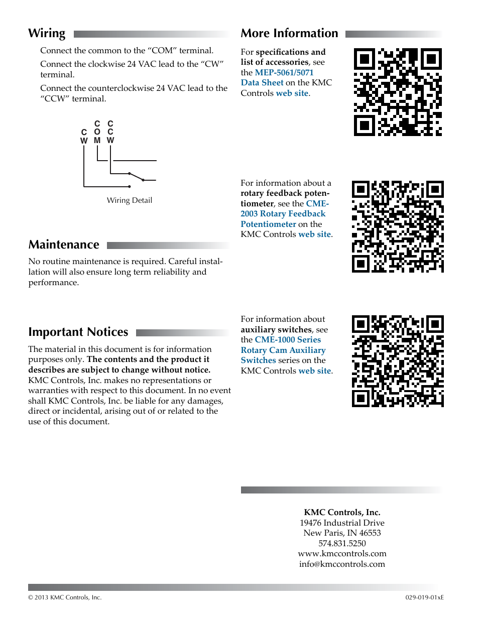 Wiring, Maintenance, Important notices | More information | KMC Controls MEP-5073 User Manual | Page 2 / 2