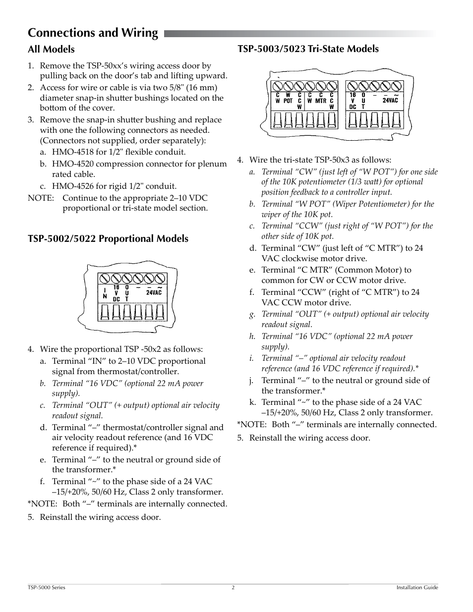 Connections and wiring, All models, Tsp-5002/5022 proportional models | Tsp-5003/5023 tri-state models, Connections and wiring 2 | KMC Controls TSP-5000 Series User Manual | Page 2 / 4