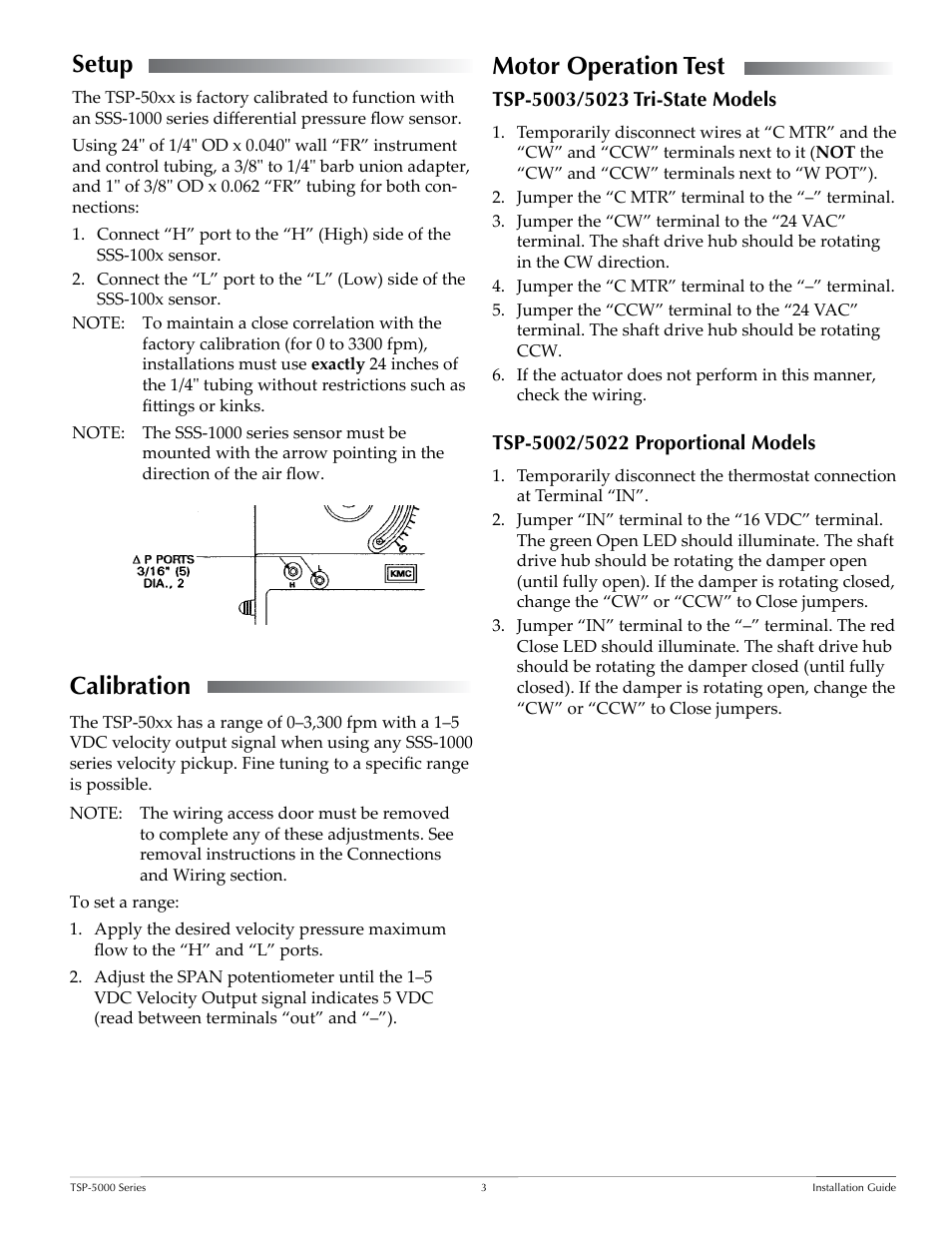 Setup, Calibration, Motor operation test | Tsp-5003/5023 tri-state models, Tsp-5002/5022 proportional models, Setup 3 calibration 3 motor operation test, Tsp-5002/5022 proportional models 3 | KMC Controls TSP-5000 Series User Manual | Page 3 / 4