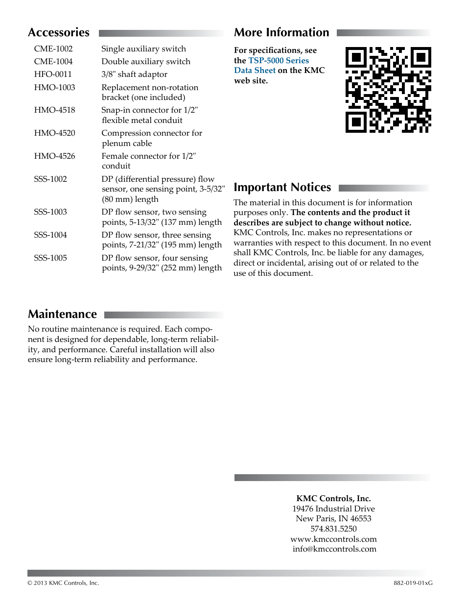 Accessories, Maintenance, More information | Important notices | KMC Controls TSP-5000 Series User Manual | Page 4 / 4