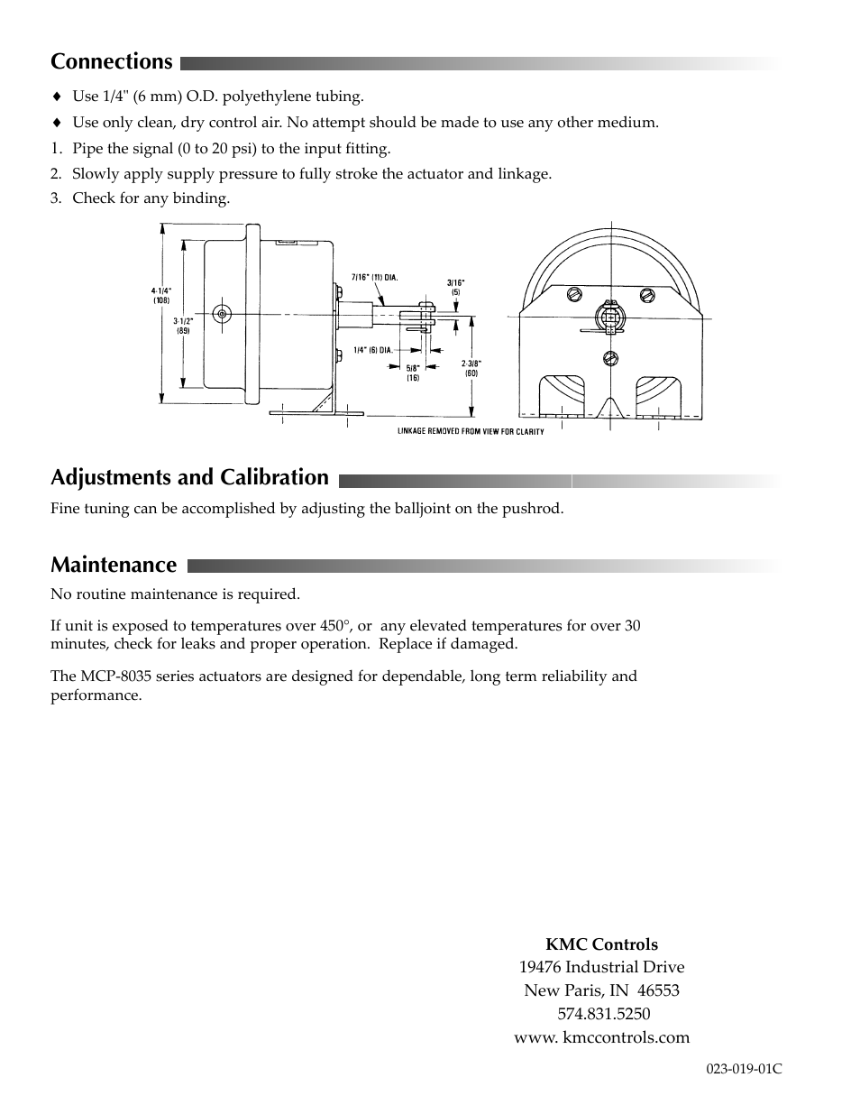 Connections, Adjustments and calibration, Maintenance | KMC Controls MCP-8035 Series User Manual | Page 2 / 2