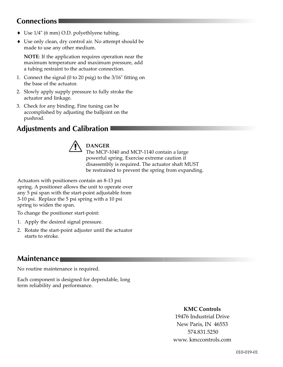 Connections, Adjustments and calibration, Maintenance | KMC Controls MCP-1140 Series User Manual | Page 2 / 2