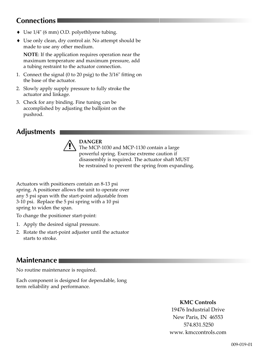 Connections, Adjustments, Maintenance | KMC Controls MCP-1130 Series User Manual | Page 2 / 2