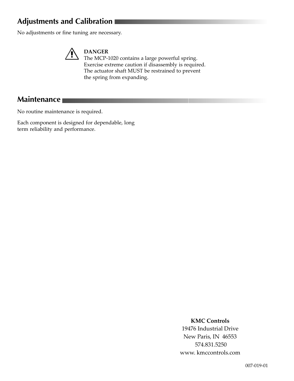 Adjustments and calibration, Maintenance | KMC Controls MCP-1020 Series User Manual | Page 2 / 2