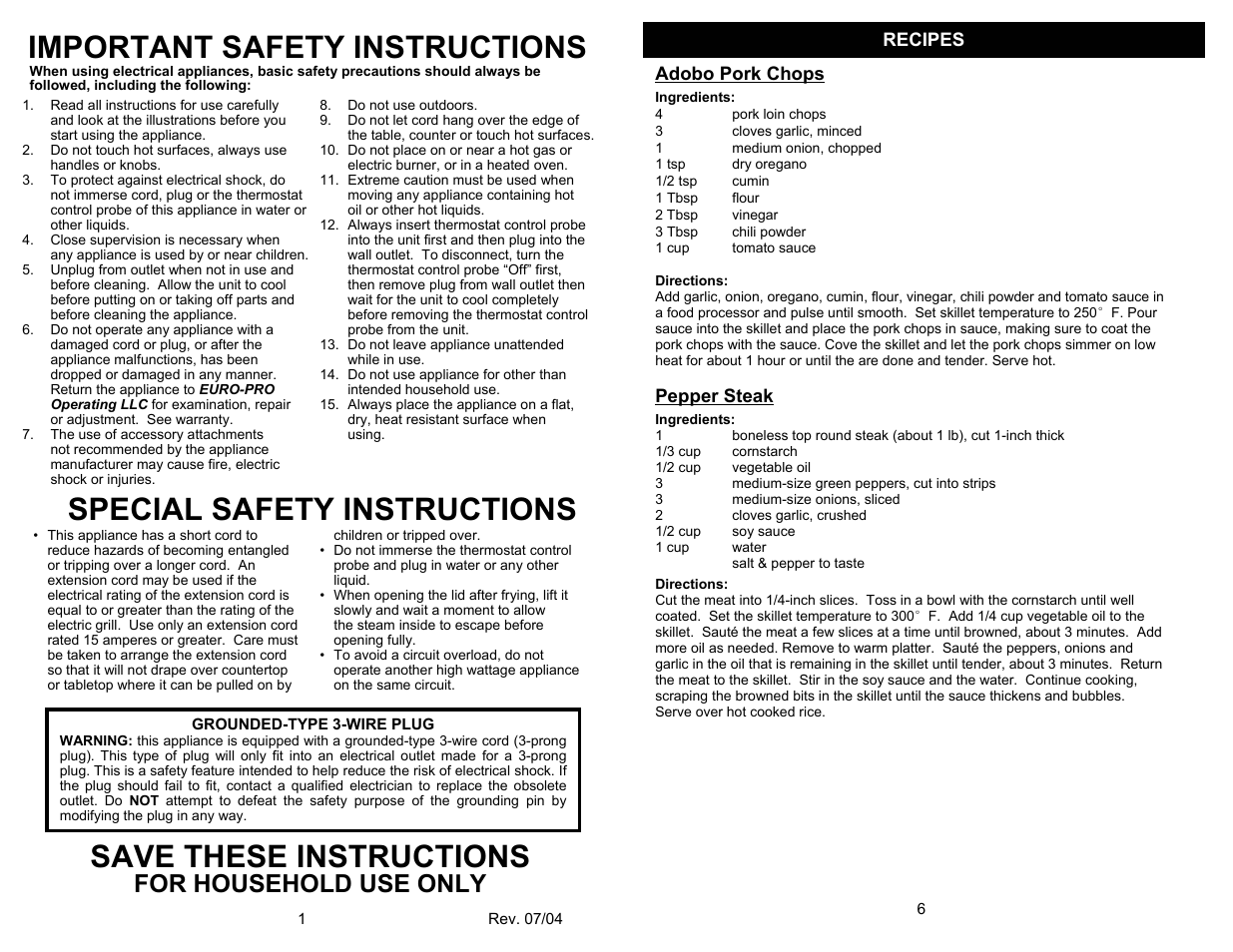Important safety instructions, Special safety instructions, Save these instructions | For household use only, Recipes, Adobo pork chops, Pepper steak | Bravetti KS145H User Manual | Page 2 / 4