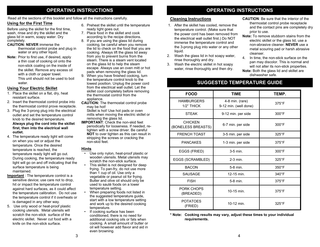 Operating instructions, Suggested temperature guide | Bravetti KS145H User Manual | Page 4 / 4