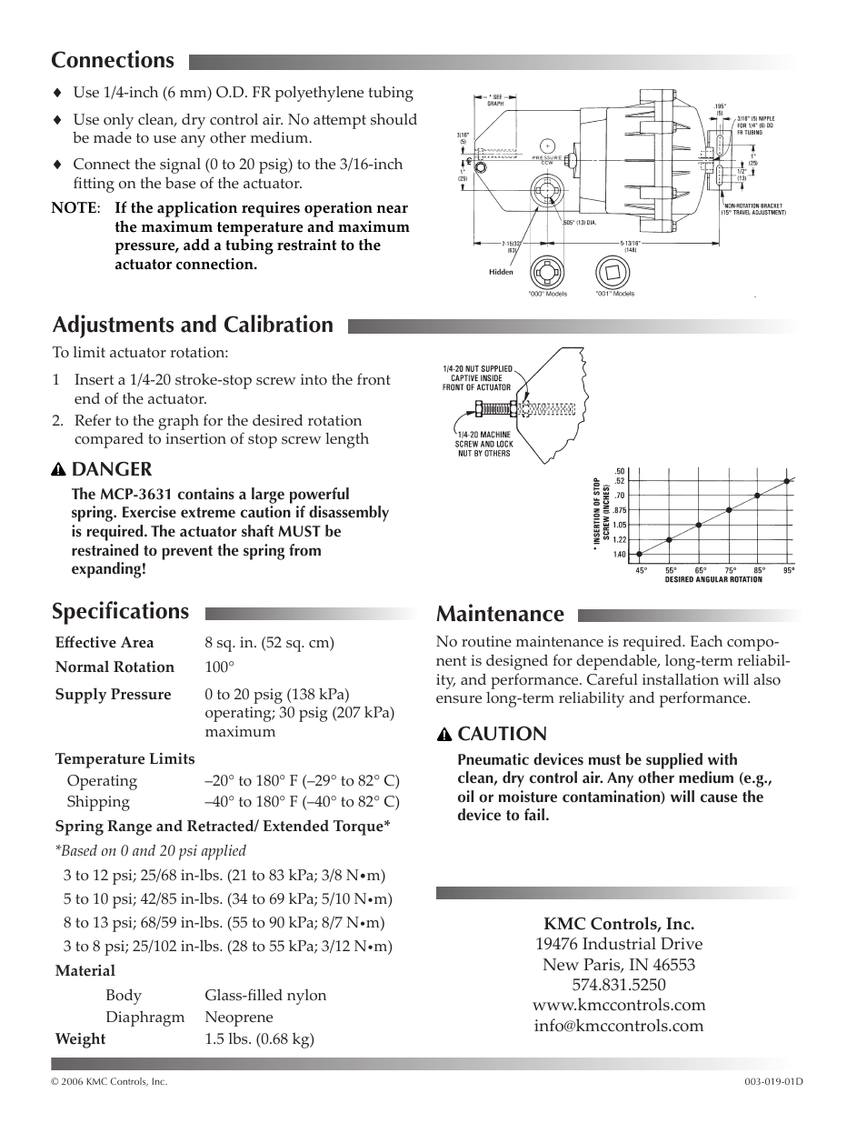 Connections, Adjustments and calibration, Specifications | Maintenance, Danger, Caution | KMC Controls MCP-3631 Series User Manual | Page 2 / 2