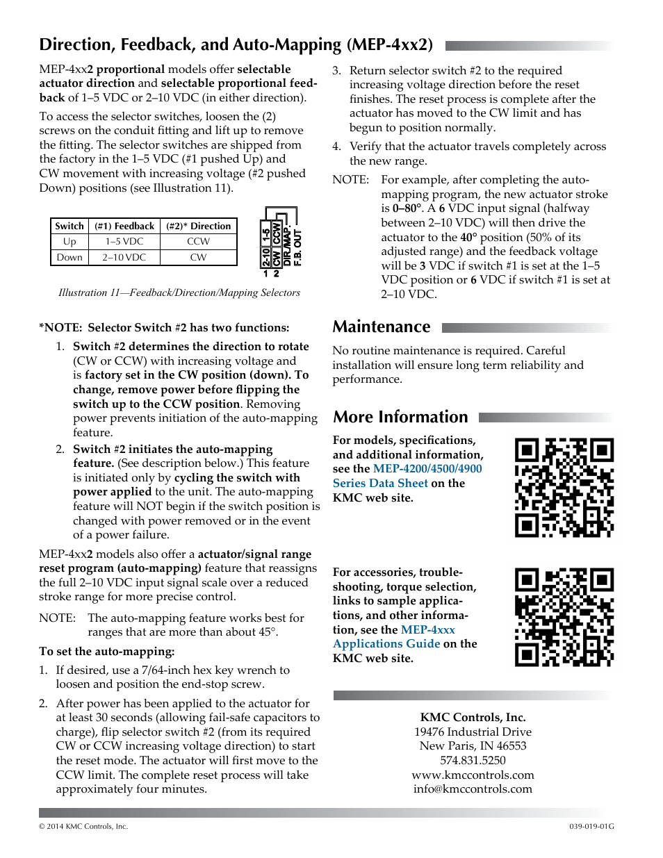 Direction, feedback, and auto-mapping (mep-4xx2), Maintenance, More information | Maintenance 4 more information 4, Direction, feedback, and auto-mapping, For mep-4x51 | KMC Controls MEP-4900 User Manual | Page 4 / 4