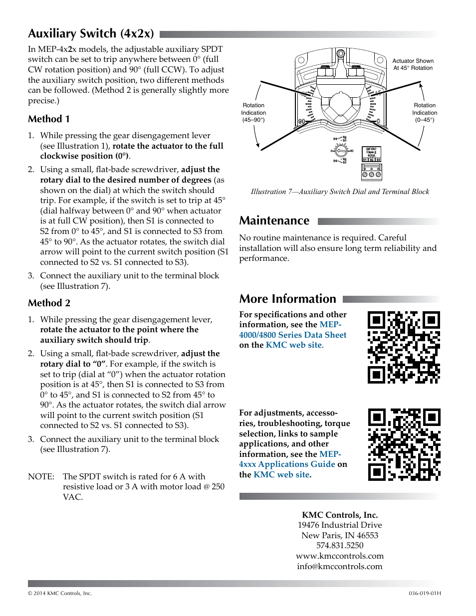 Auxiliary switch (4x2x), Method 1, Method 2 | Maintenance, More information, Auxiliary switch (4x2x) 4, Maintenance 4 more information 4, Auxiliary switch | KMC Controls MEP-4800 Series User Manual | Page 4 / 4