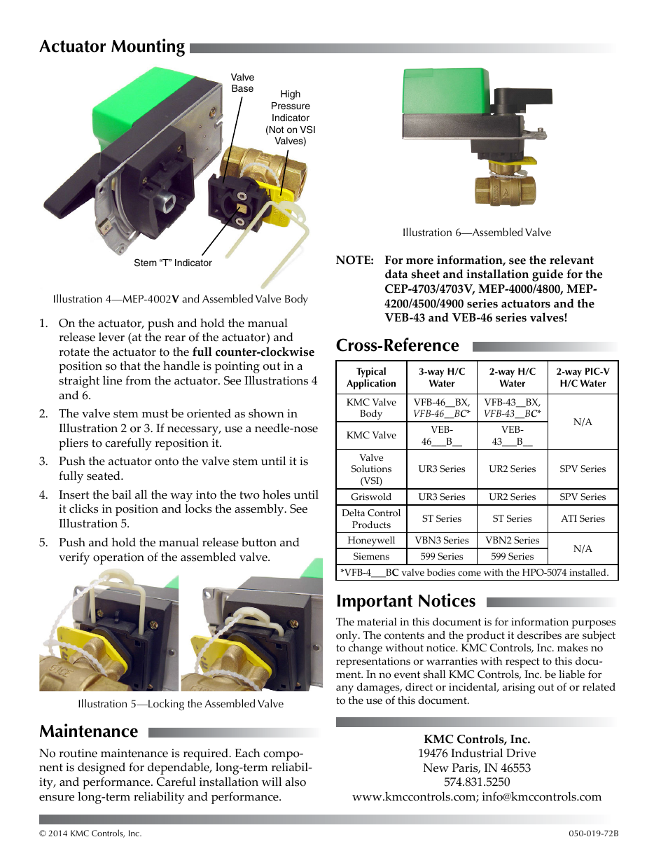 Actuator mounting, Maintenance, Cross-reference | Important notices | KMC Controls HPO-5074 User Manual | Page 2 / 2