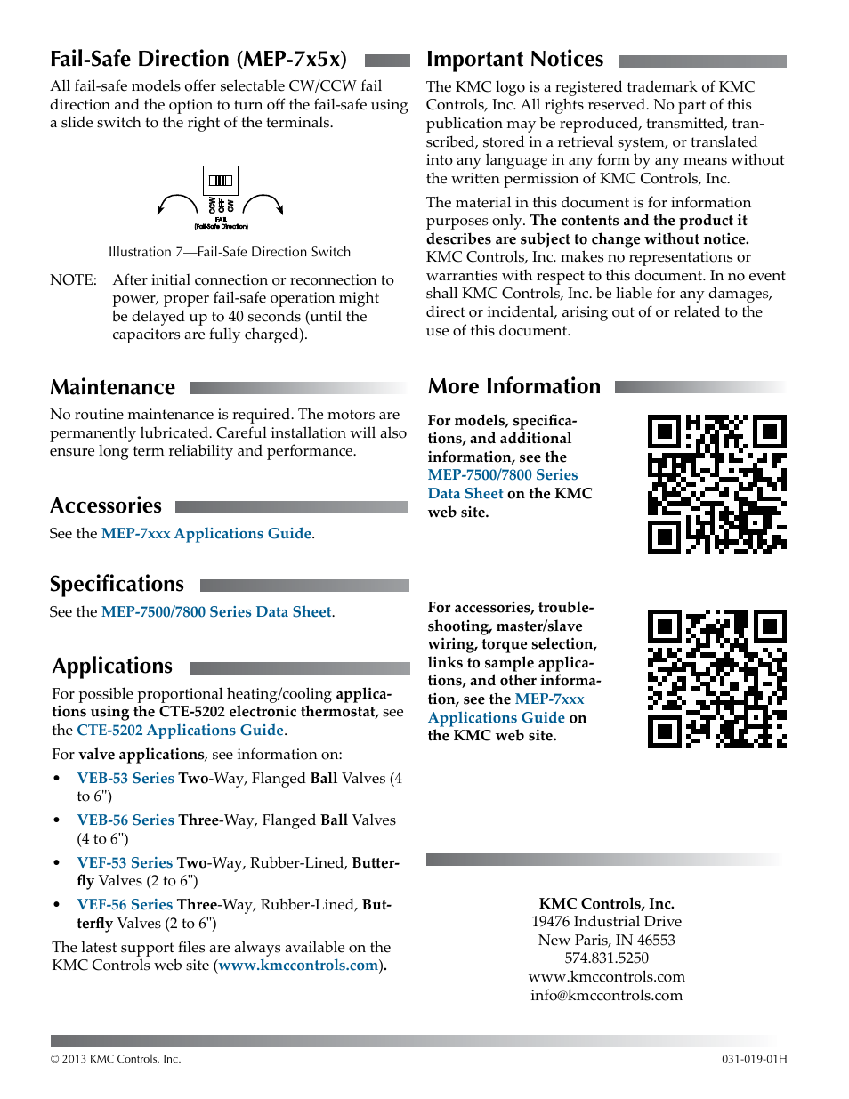 Fail-safe direction (mep-7x5x), Maintenance, Accessories | Specifications, Applications, Important notices, More information | KMC Controls MEP-7800 Series User Manual | Page 4 / 4