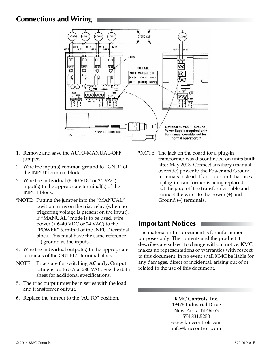 Connections and wiring, Important notices | KMC Controls REE-2104 User Manual | Page 2 / 2