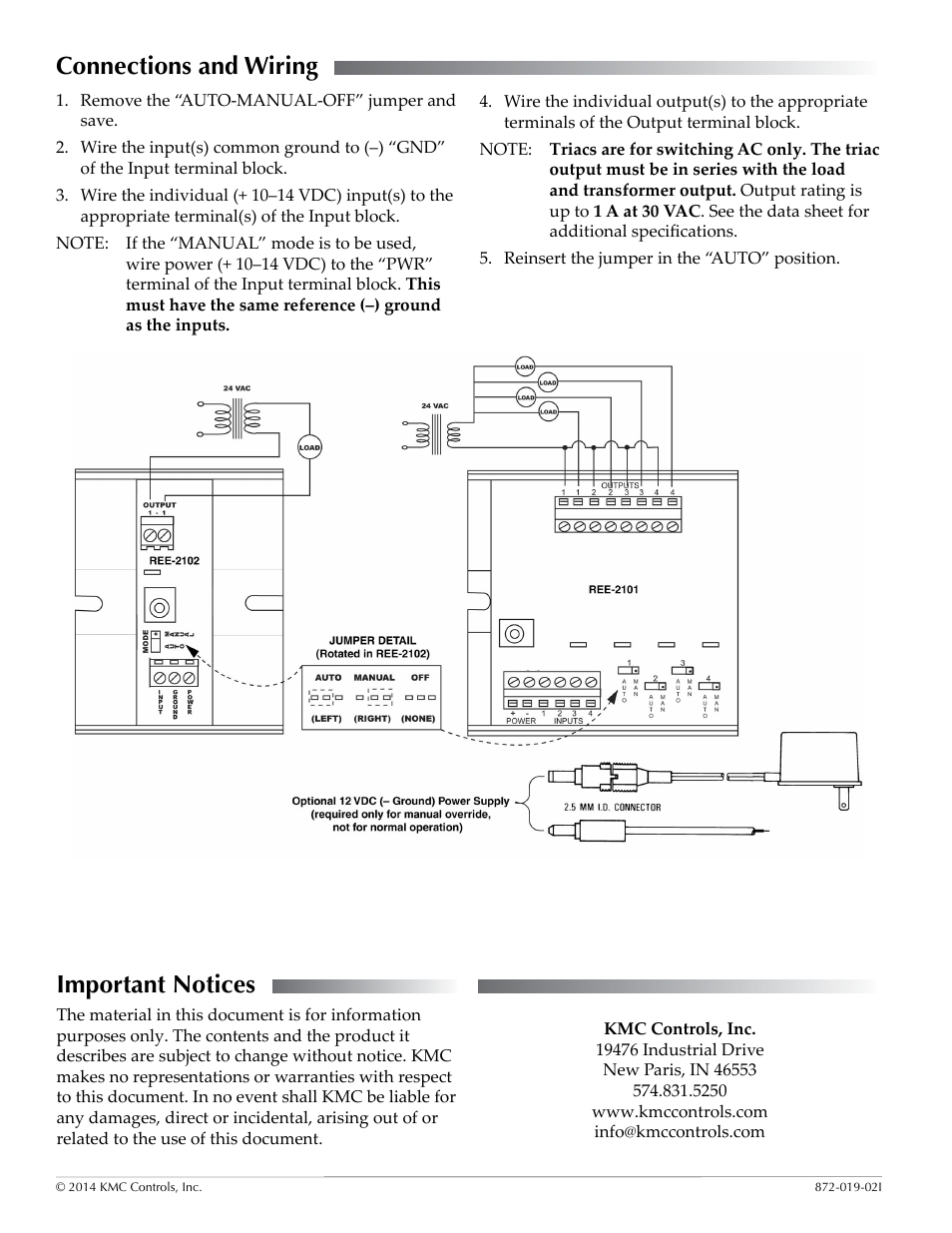 Connections and wiring, Important notices | KMC Controls REE-2102 User Manual | Page 2 / 2