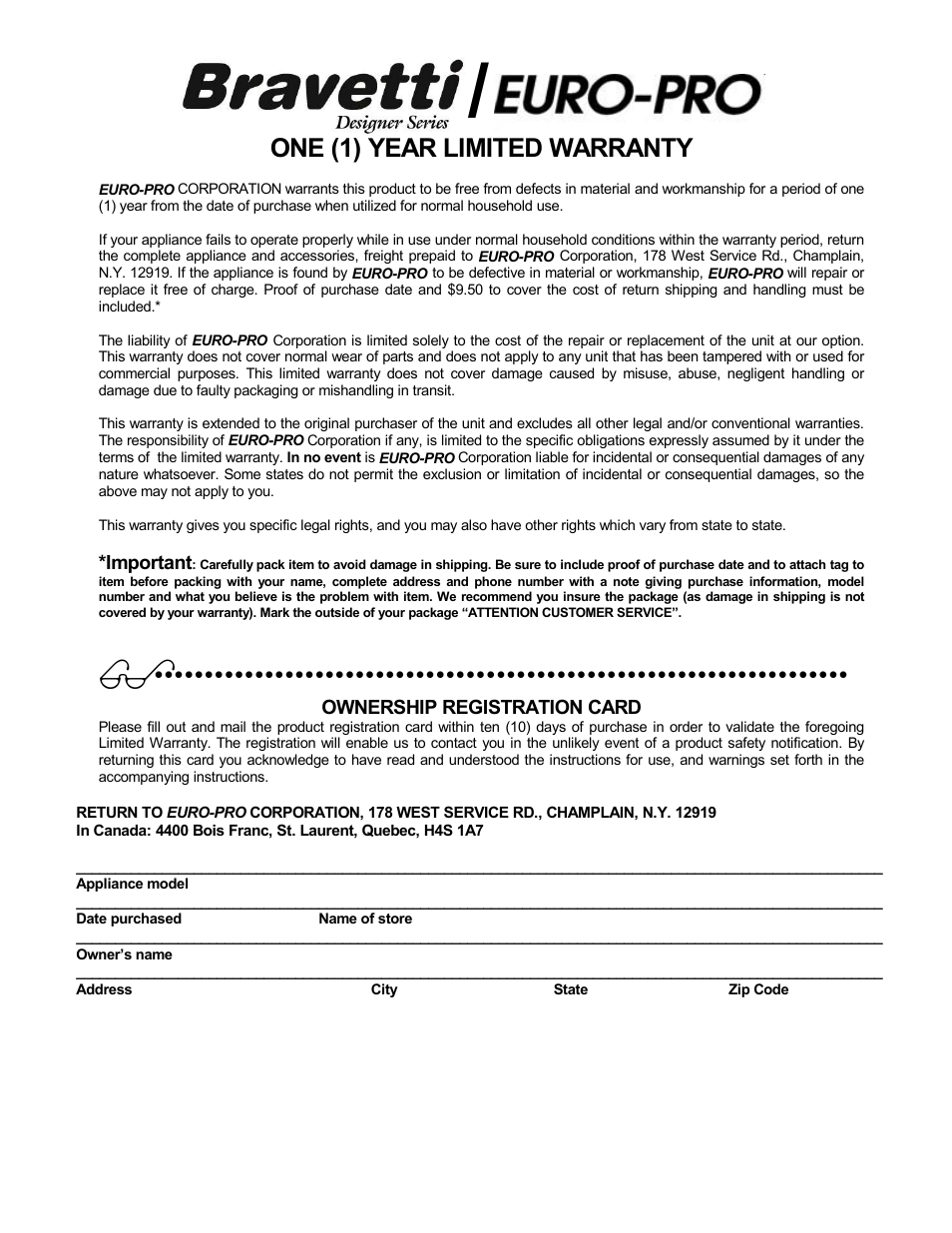 One (1) year limited warranty | Bravetti COOL-TOUCH EP64 User Manual | Page 12 / 12