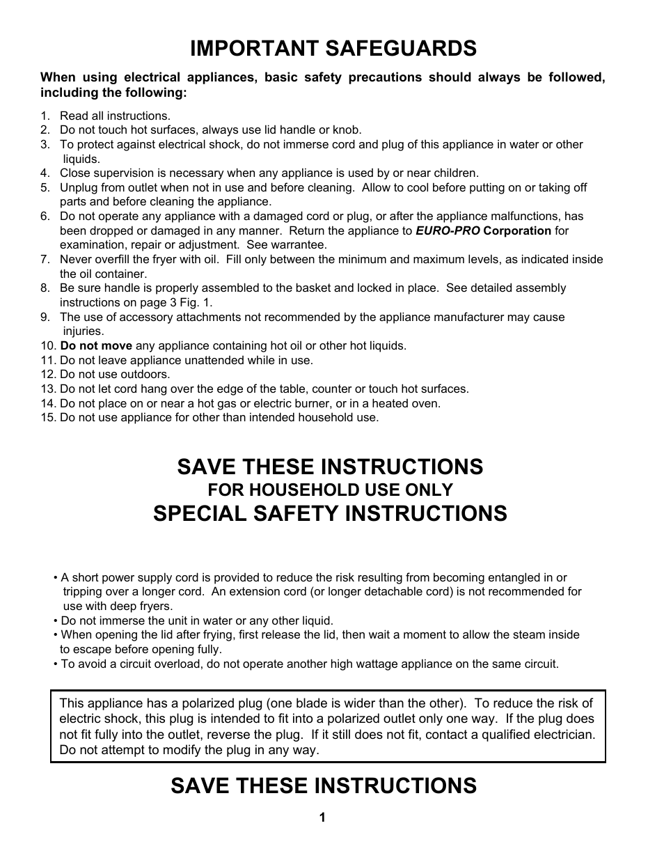 Important safeguards, Save these instructions, Special safety instructions | For household use only | Bravetti COOL-TOUCH EP64 User Manual | Page 2 / 12