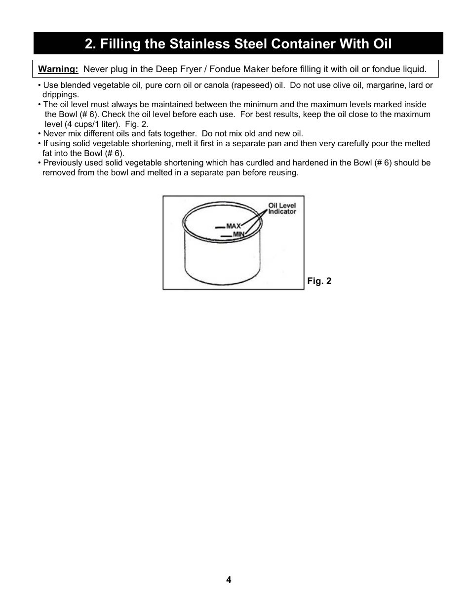 Filling the stainless steel container with oil | Bravetti COOL-TOUCH EP64 User Manual | Page 5 / 12