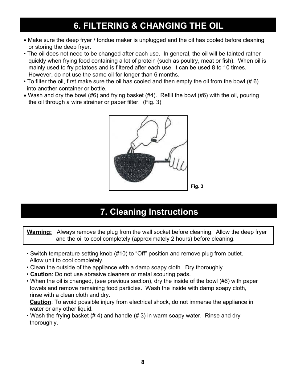 Filtering & changing the oil, Cleaning instructions | Bravetti COOL-TOUCH EP64 User Manual | Page 9 / 12