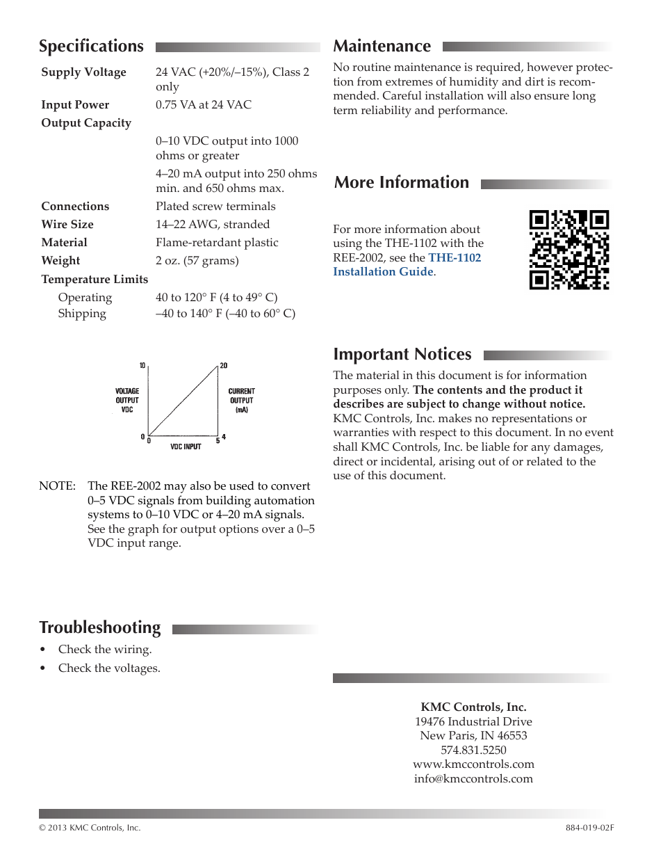 Specifications, Troubleshooting, Maintenance | More information, Important notices | KMC Controls REE-2002 User Manual | Page 2 / 2