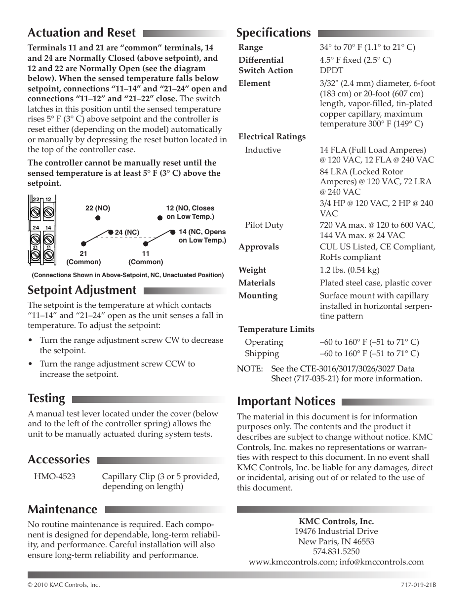 Actuation and reset, Setpoint adjustment, Testing | Accessories, Maintenance, Specifications, Important notices, Specifications 2 important notices 2, Specifications maintenance | KMC Controls CTE-3027 User Manual | Page 2 / 2