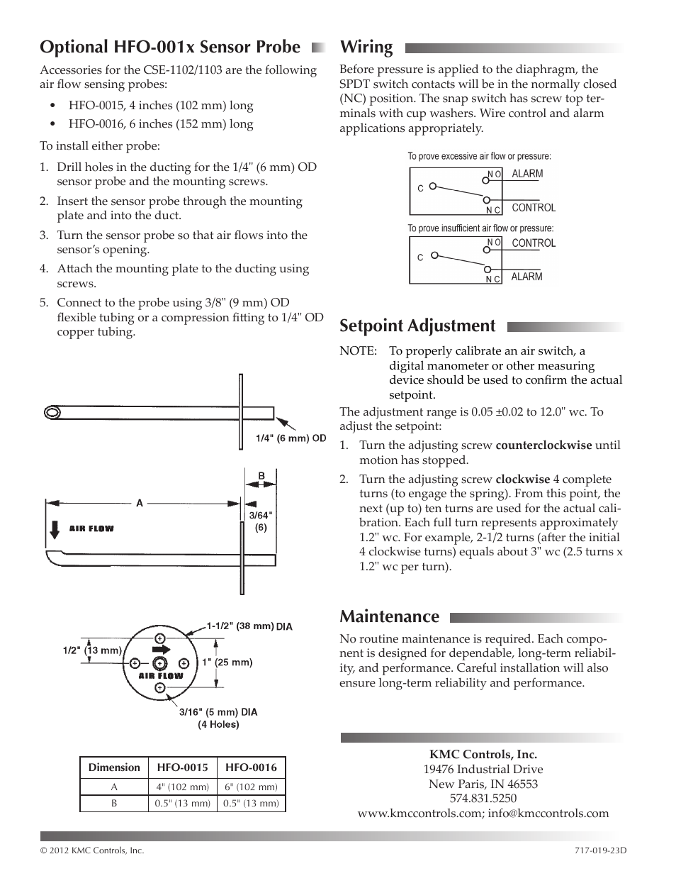 Optional hfo-001x sensor probe, Wiring, Setpoint adjustment | Maintenance, Optional hfo-001x sensor probe 2 wiring, Setpoint adjustment 2 maintenance, Optional hfo-001x sensor probe setpoint adjustment | KMC Controls CSE-1103 User Manual | Page 2 / 2