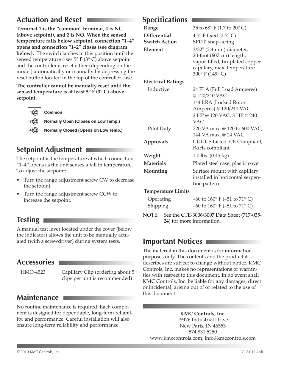 Actuation and reset, Setpoint adjustment, Testing | Accessories, Maintenance, Specifications, Important notices, Specifications 2 important notices 2, Specifications maintenance | KMC Controls CTE-3007 User Manual | Page 2 / 2