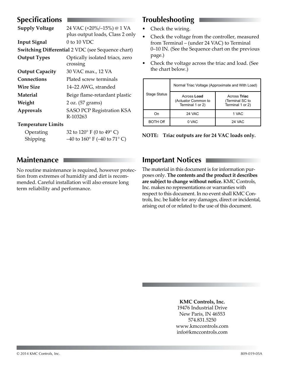 Specifications, Maintenance, Troubleshooting | Important notices | KMC Controls REE-5525 User Manual | Page 2 / 2