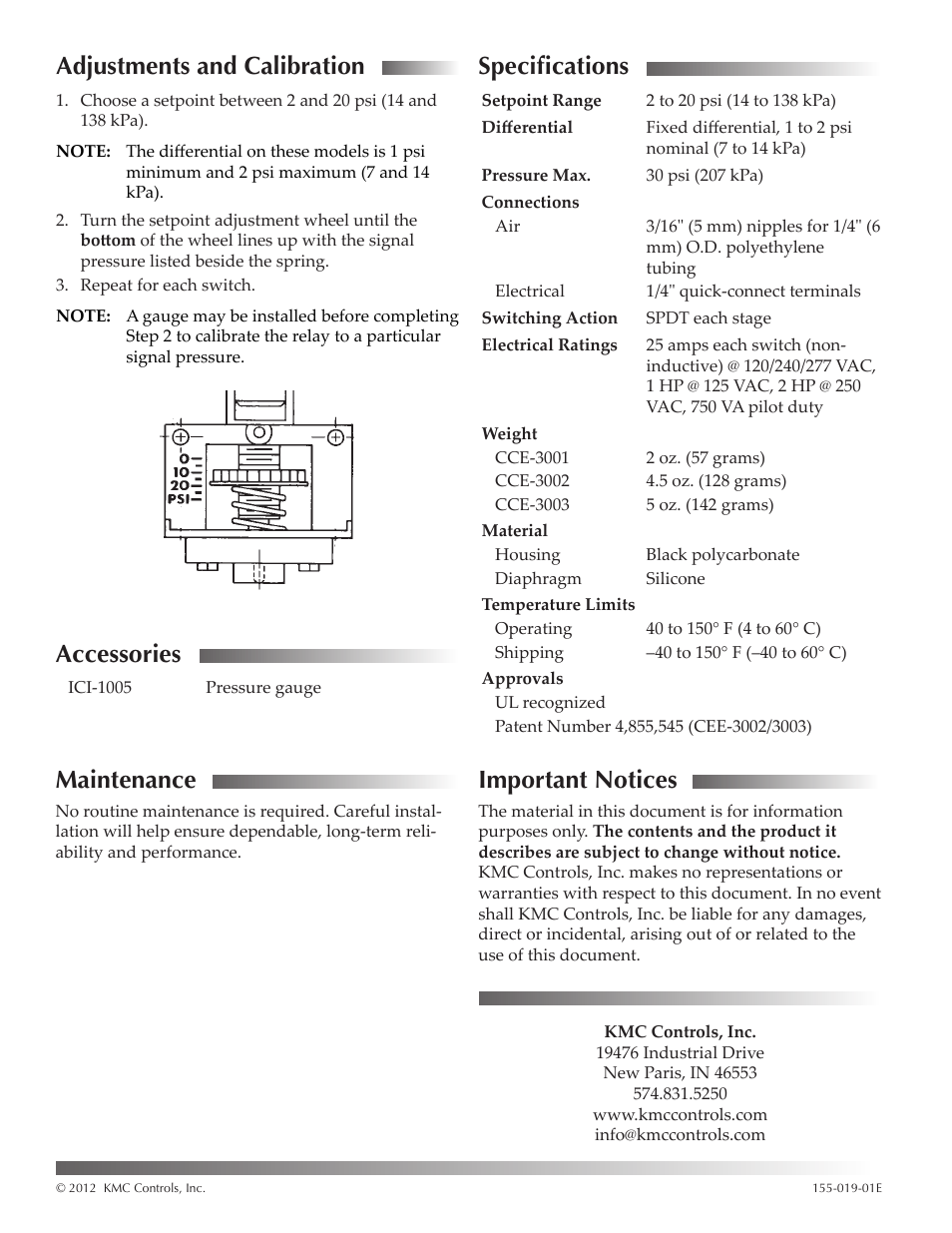 Adjustments and calibration, Accessories, Maintenance | Specifications, Important notices, Adjustments and calibration 2 accessories, Specifications 2 important notices 2, Switches (see, Specifications maintenance | KMC Controls CCE-3000 Series User Manual | Page 2 / 2