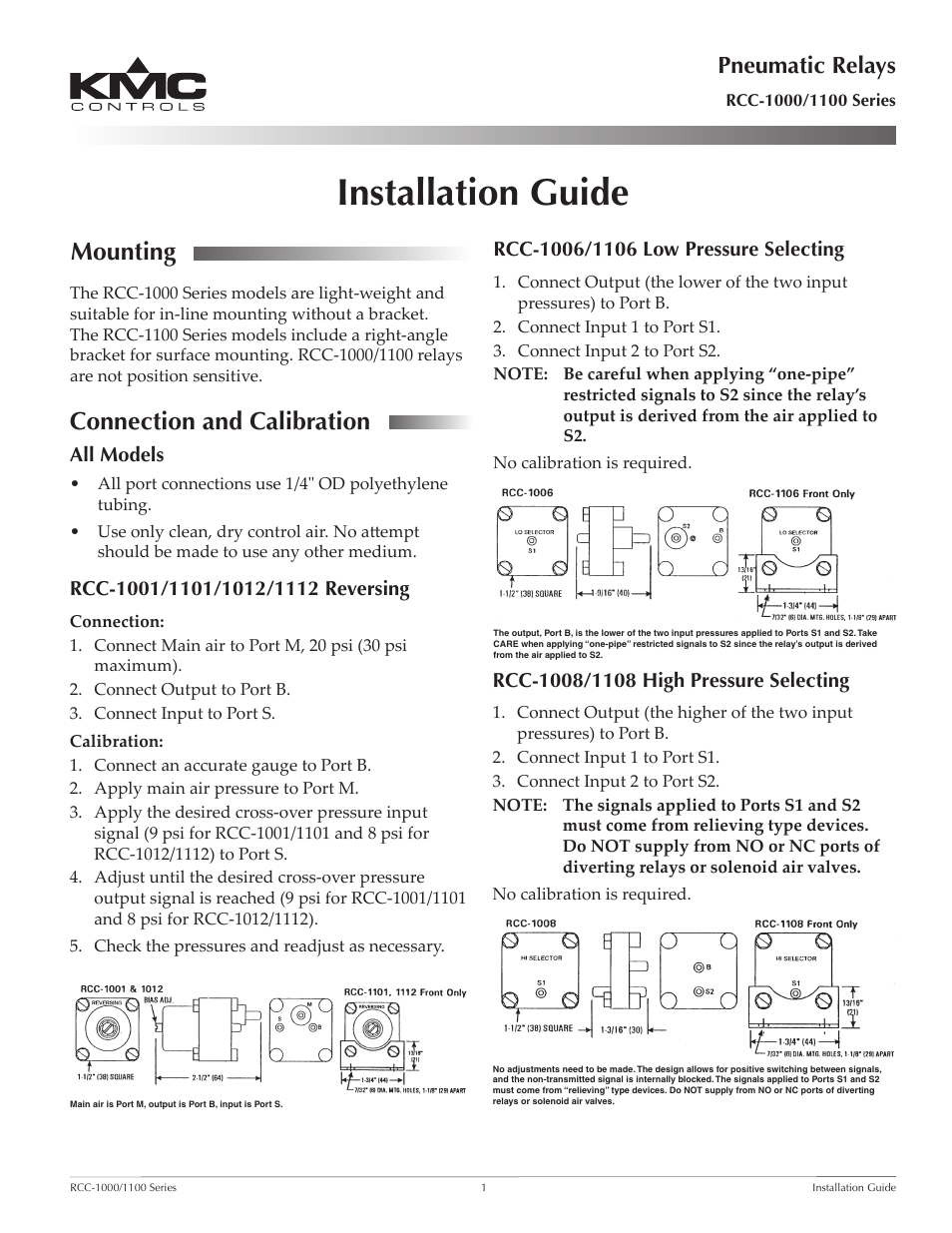 KMC Controls RCC-1100 Series User Manual | 2 pages