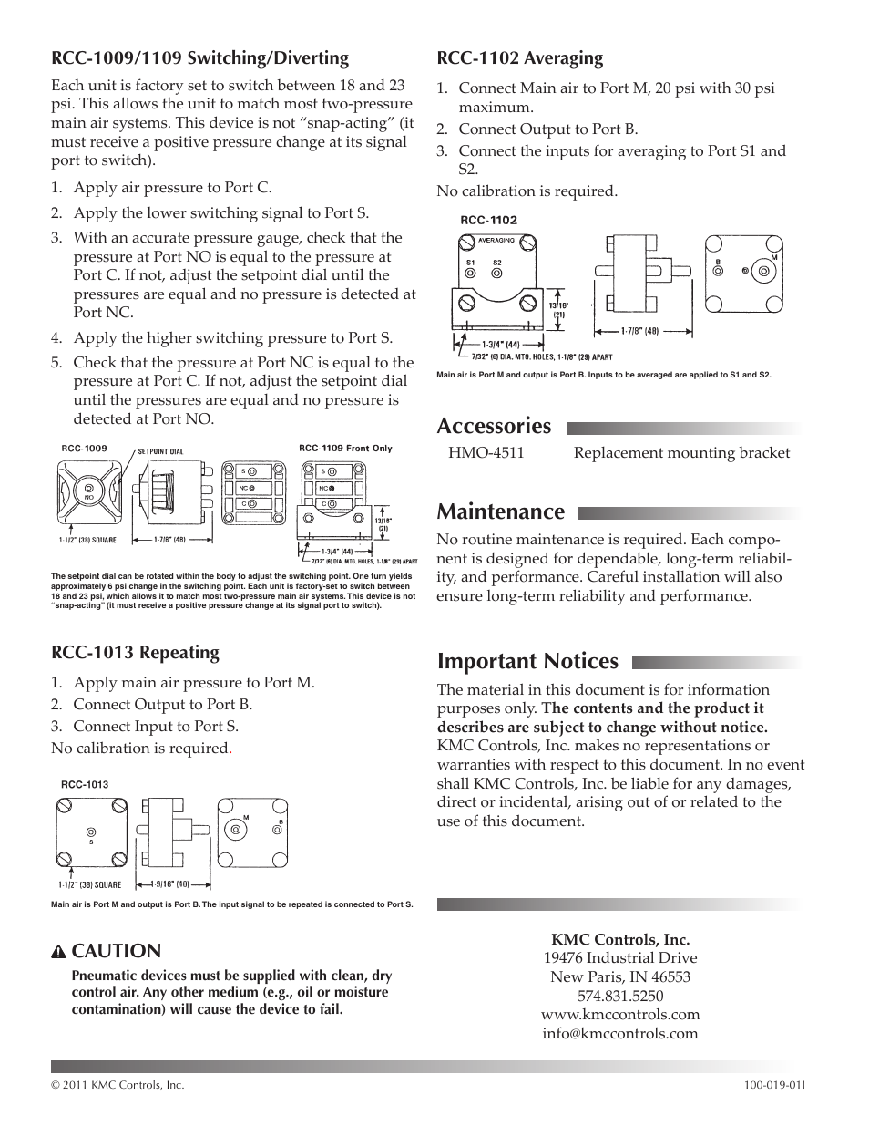 Rcc-1009/1109 switching/diverting, Rcc-1013 repeating, Rcc-1102 averaging | Accessories, Maintenance, Important notices, Important notices 2, Caution | KMC Controls RCC-1100 Series User Manual | Page 2 / 2