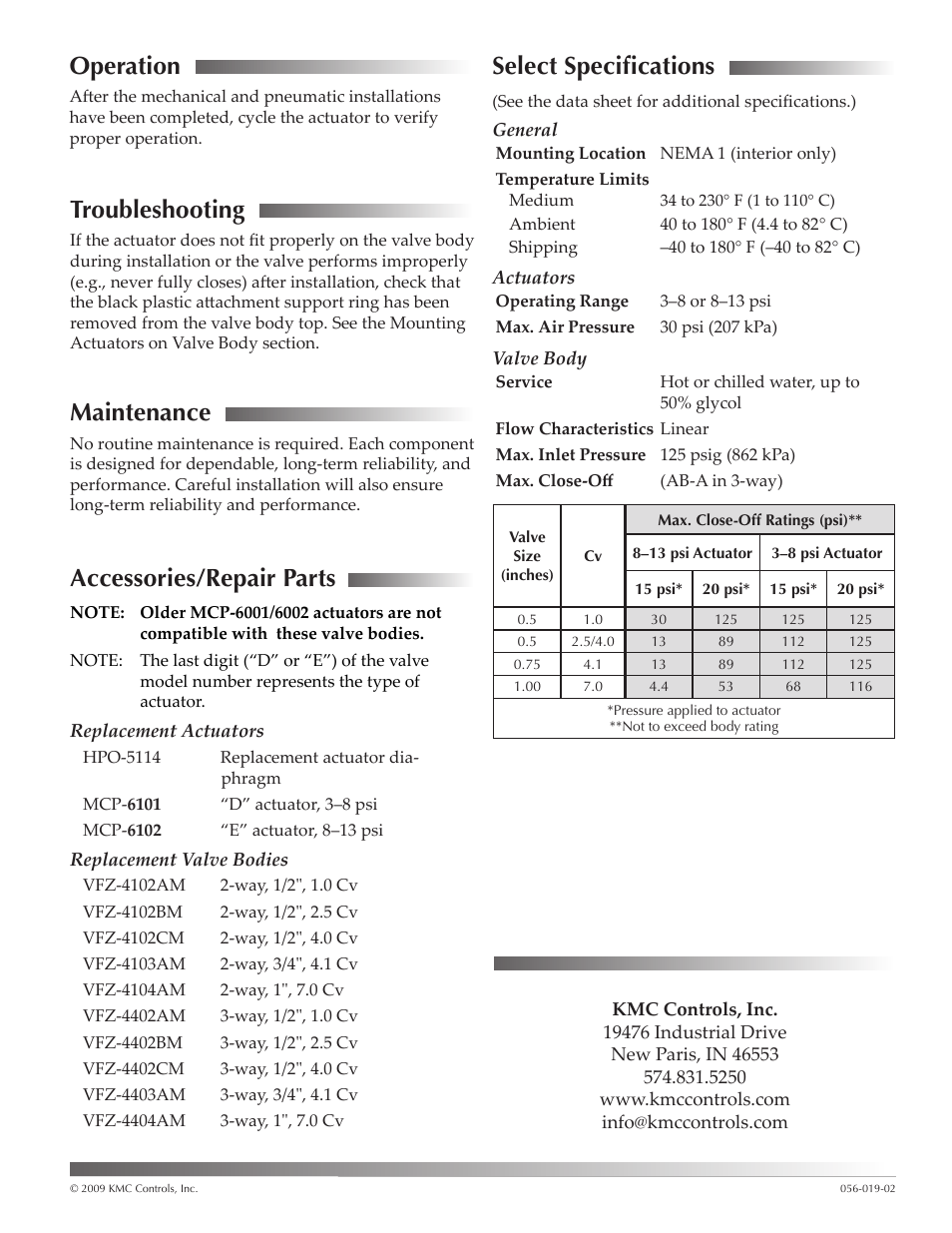 Operation, Troubleshooting, Maintenance | Accessories/repair parts, Select specifications | KMC Controls VCZ-44 Series User Manual | Page 3 / 3