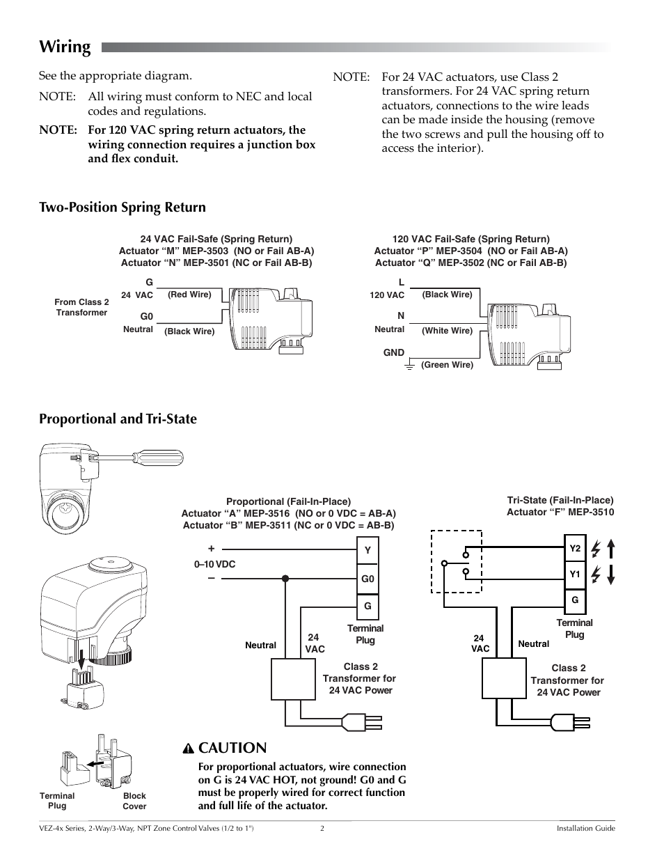 Wiring, Two-position spring return, Proportional and tri-state | Wiring 2, Caution | KMC Controls VEZ-4x Series User Manual | Page 2 / 4