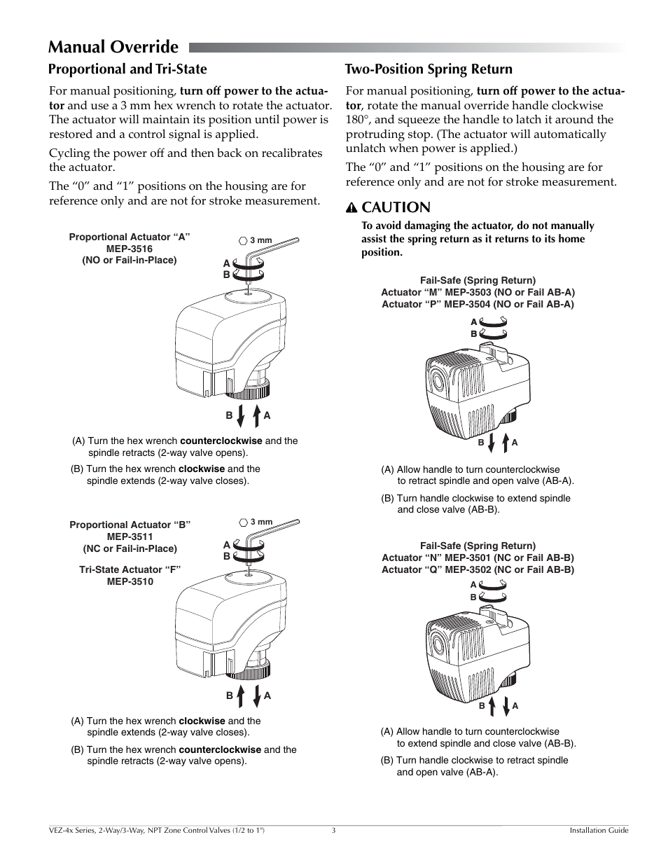 Manual override, Proportional and tri-state, Two-position spring return | Caution | KMC Controls VEZ-4x Series User Manual | Page 3 / 4