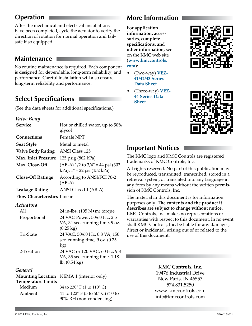 Operation, Maintenance, Select specifications | More information, Important notices | KMC Controls VEZ-4x Series User Manual | Page 4 / 4