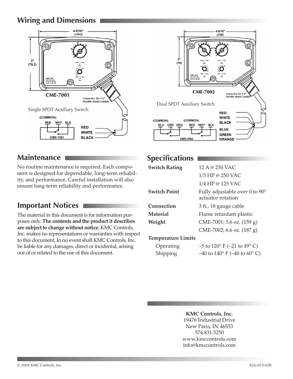 Wiring and dimensions, Maintenance, Important notices | Specifications | KMC Controls CME-7002 User Manual | Page 2 / 2