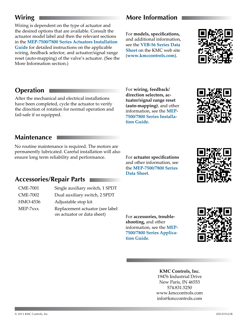 Wiring, Operation, Maintenance | Accessories/repair parts, More information | KMC Controls VEB-56 Series User Manual | Page 2 / 2