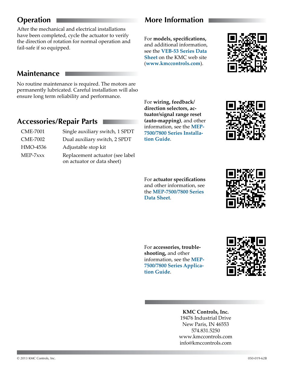 Operation, Maintenance, Accessories/repair parts | More information | KMC Controls VEB-53 Series User Manual | Page 2 / 2