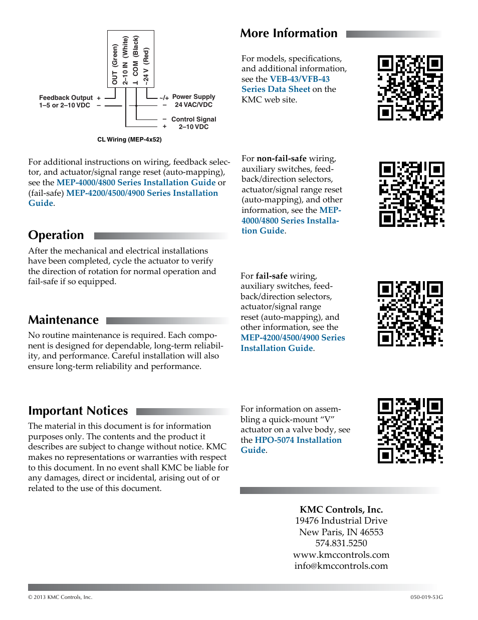 Operation, Maintenance, Important notices | More information | KMC Controls VEP-45 Series User Manual | Page 2 / 2