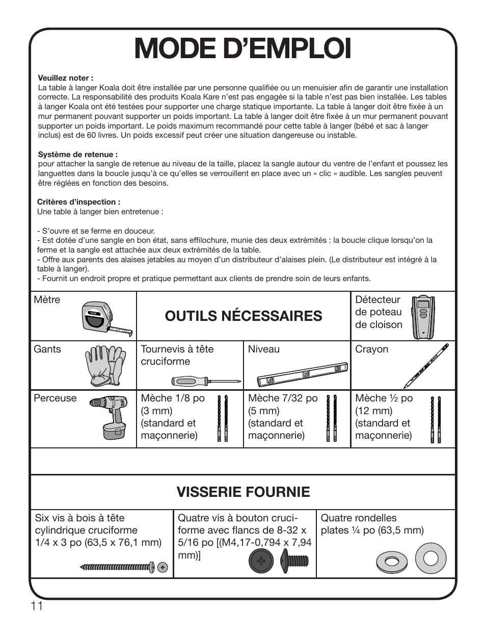 Mode d’emploi, Outils nécessaires, Visserie fournie | Koala Kare KB200 User Manual | Page 12 / 20