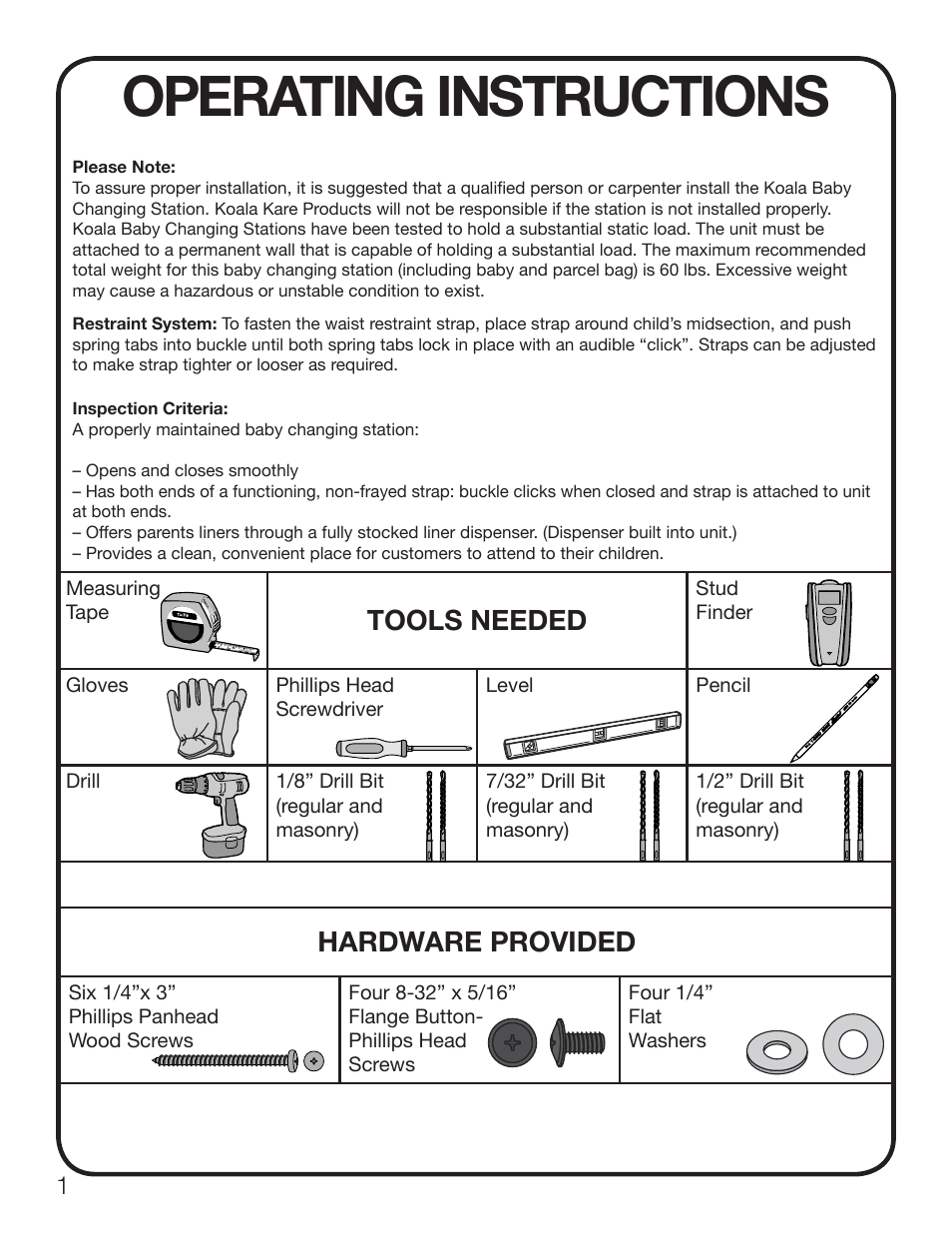 Operating instructions, Tools needed, Hardware provided | Koala Kare KB200 User Manual | Page 2 / 20