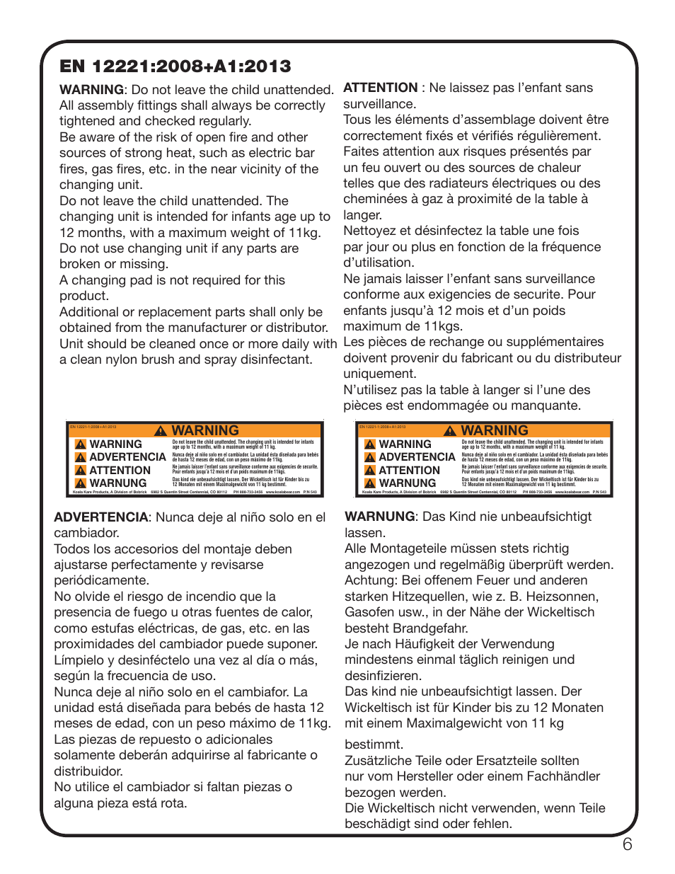 Warning, Warning advertencia attention warnung, Proof approval - part # 543 | Koala Kare KB200 User Manual | Page 7 / 20