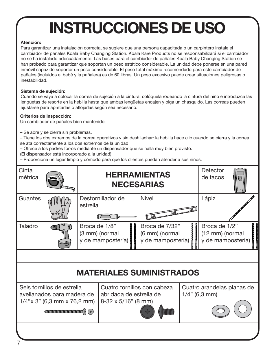 Instrucciones de uso, Herramientas necesarias, Materiales suministrados | Koala Kare KB200 User Manual | Page 8 / 20