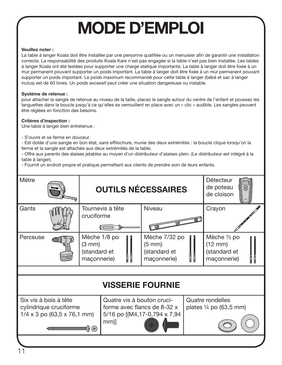 Mode d’emploi, Outils nécessaires, Visserie fournie | Koala Kare KB200-SS User Manual | Page 12 / 20