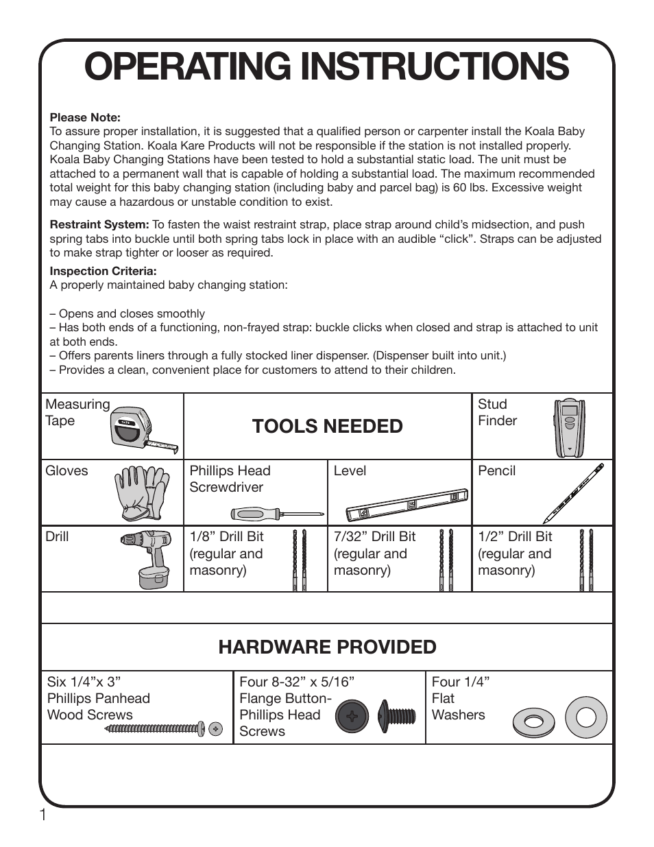 Operating instructions, Tools needed, Hardware provided | Koala Kare KB200-SS User Manual | Page 2 / 20