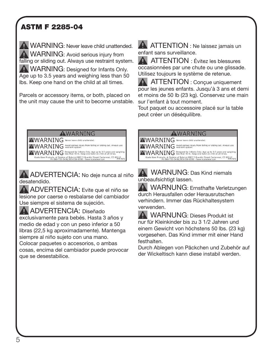 Warning, Advertencia, Attention | Warnung | Koala Kare KB200-SS User Manual | Page 6 / 20