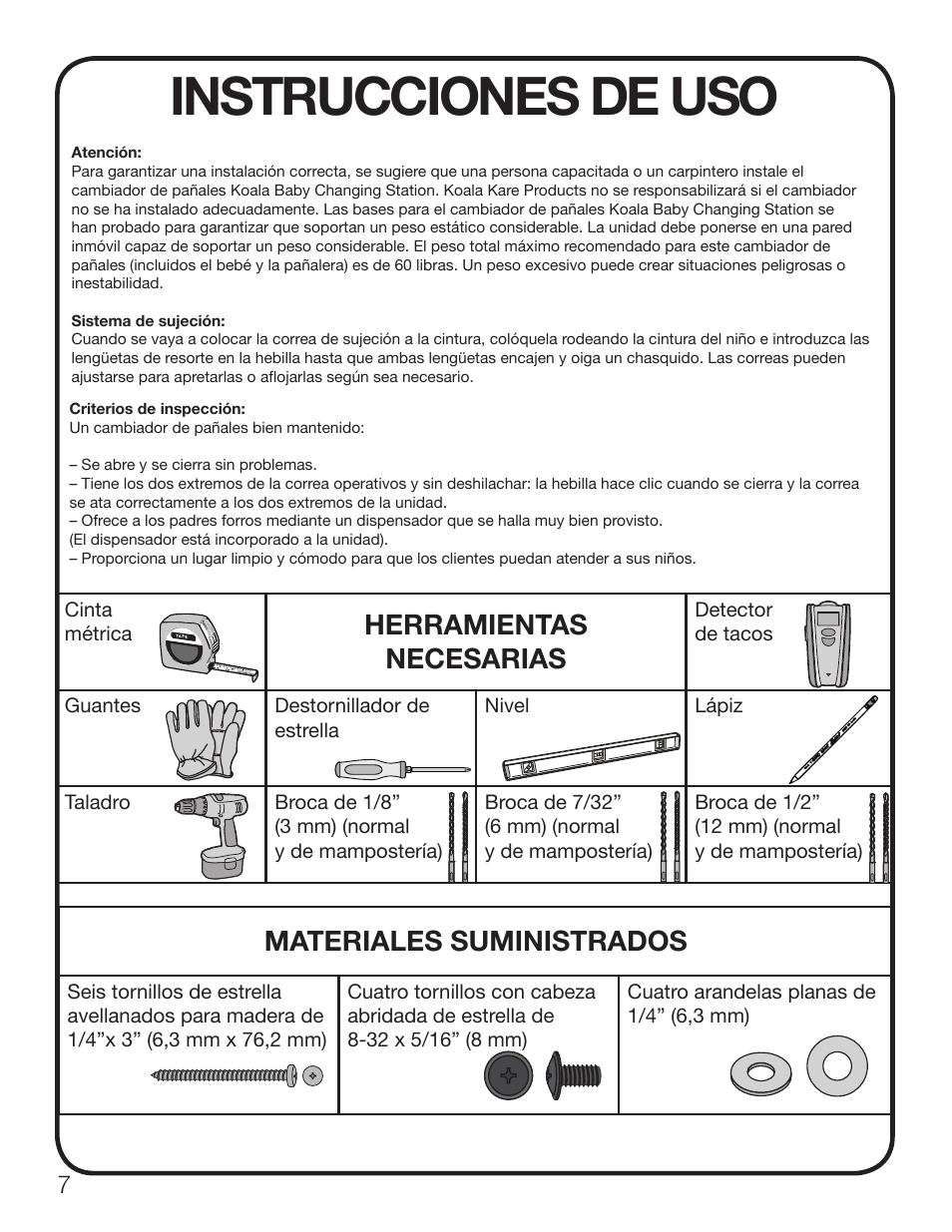 Instrucciones de uso, Herramientas necesarias, Materiales suministrados | Koala Kare KB200-SS User Manual | Page 8 / 20