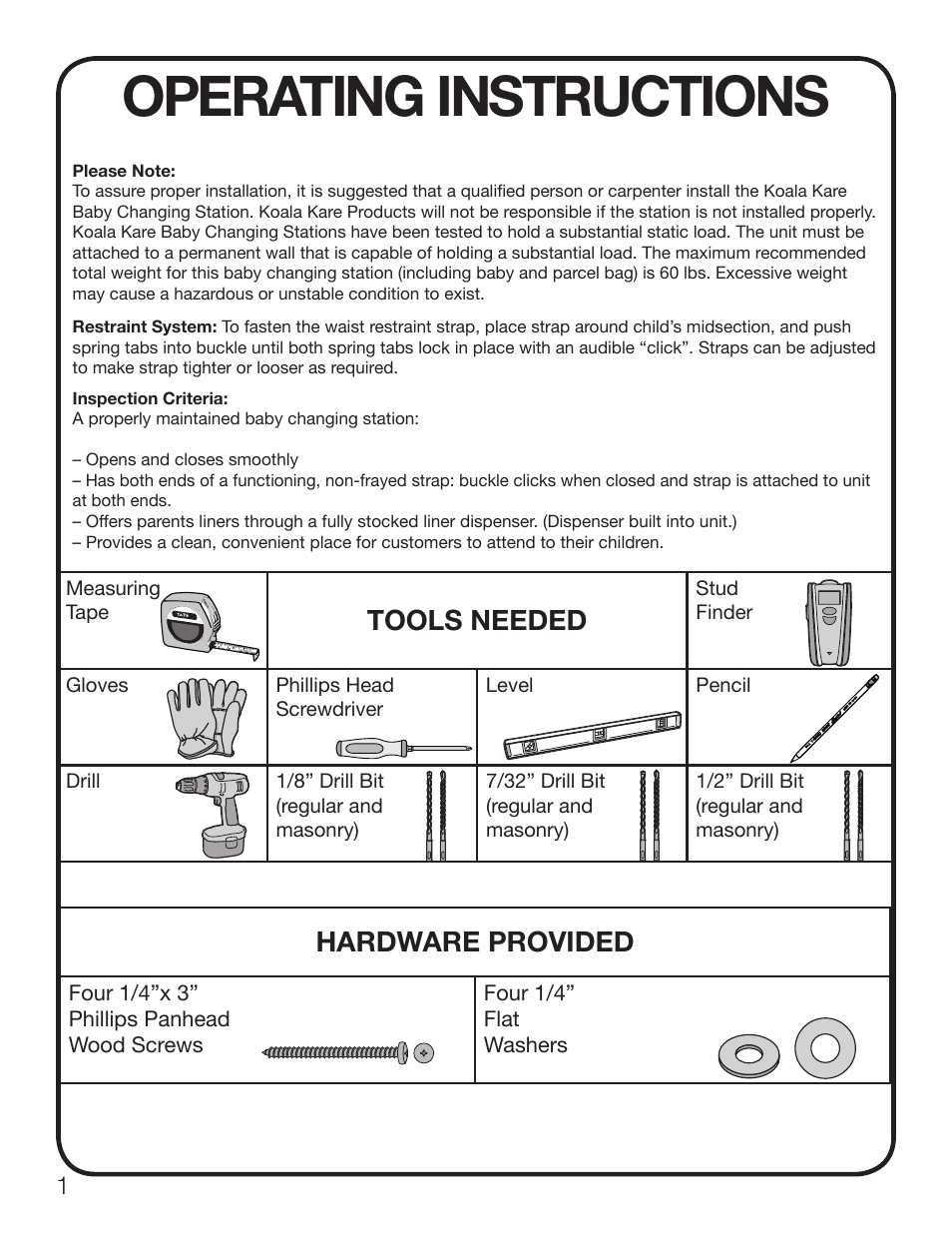 Operating instructions, Tools needed, Hardware provided | Koala Kare KB100 User Manual | Page 2 / 16
