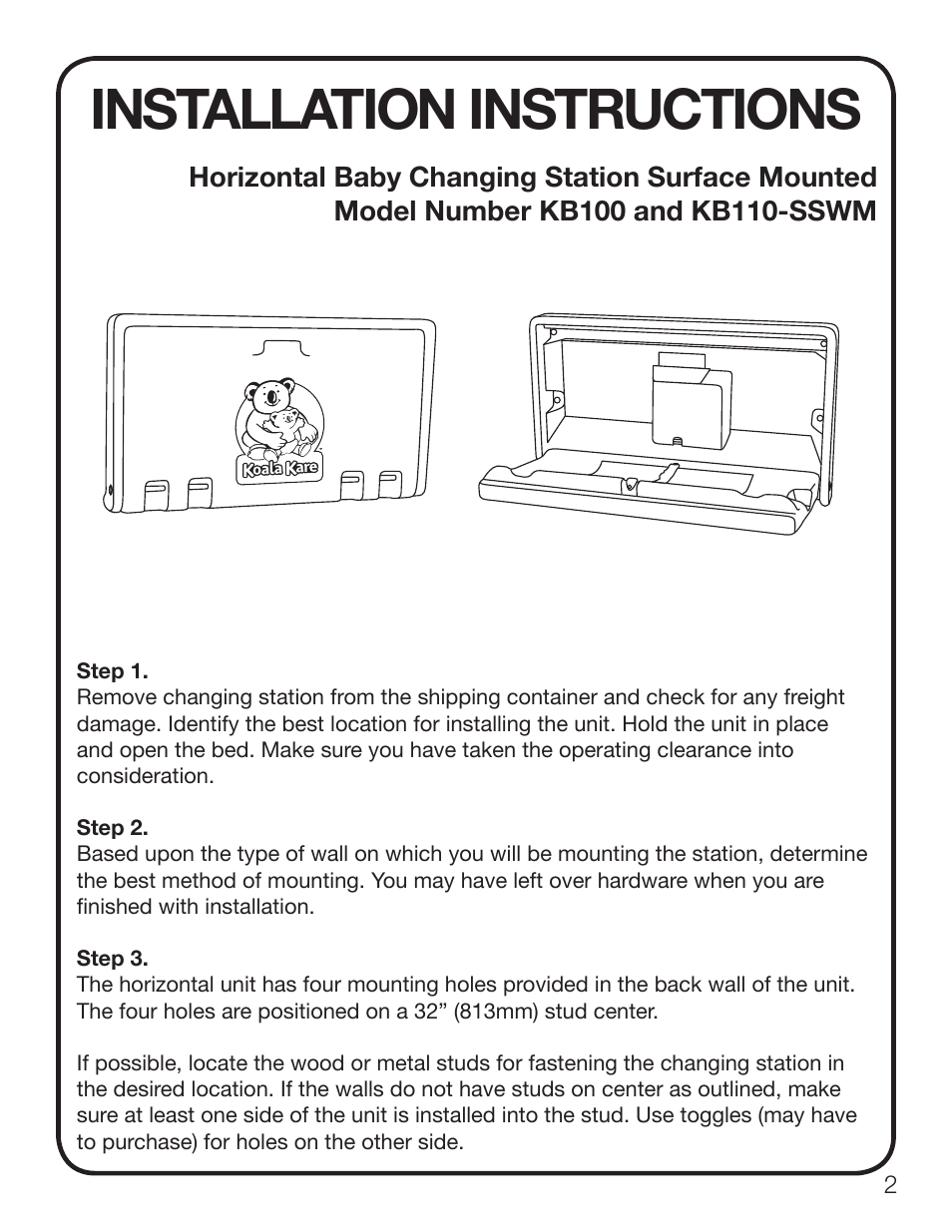 Installation instructions | Koala Kare KB100 User Manual | Page 3 / 16